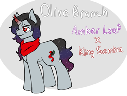 Size: 1600x1200 | Tagged: safe, artist:jolliapplegirl, derpibooru import, oc, oc:olive branch, pony, unicorn, bio, clothes, curved horn, horn, male, next generation, parent:amber leaf, parent:king sombra, scarf, solo