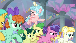 Size: 1280x720 | Tagged: safe, derpibooru import, screencap, auburn vision, berry blend, berry bliss, citrine spark, cozy glow, fire quacker, green sprout, huckleberry, november rain, peppermint goldylinks, summer breeze, earth pony, pegasus, pony, unicorn, school raze, angry mob, background pony, colt, deception, evil grin, female, filly, flying, foal, friendship student, grin, male, manipulation, mob, psychological manipulator, smiling, sycophant, tempting fate