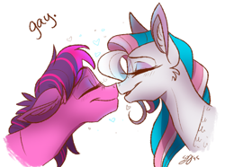 Size: 500x371 | Tagged: safe, artist:probablyfakeblonde, derpibooru import, skywishes, star catcher, earth pony, pegasus, pony, g3, boop, eyes closed, female, g3 to g4, generation leap, heart, lesbian, mare, noseboop, shipping, skycatcher