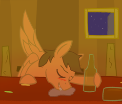 Size: 840x715 | Tagged: safe, artist:toastytop, derpibooru import, oc, oc:paper study, pegasus, pony, alcohol, bar, beer, blushing, brown mane, drool, drunk, night, orange fur, passed out, solo