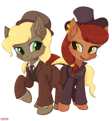 Size: 2146x2308 | Tagged: safe, artist:orang111, derpibooru import, oc, oc only, oc:brass bolts, oc:perseus, earth pony, pony, unicorn, brasseus, clothes, ear piercing, earring, hat, jewelry, pants, piercing, pocket watch, shipping, simple background, suit, transparent background