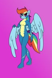 Size: 800x1200 | Tagged: safe, alternate version, artist:eow, derpibooru exclusive, derpibooru import, rainbow dash, anthro, clothes, looking at you, simple background, smiling, uniform, wings, wonderbolts, wonderbolts uniform