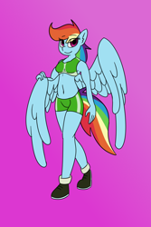 Size: 800x1200 | Tagged: safe, alternate version, artist:eow, derpibooru exclusive, derpibooru import, rainbow dash, anthro, belly button, clothes, looking at you, midriff, shoes, sports bra, sports shorts, wings