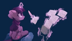 Size: 1707x981 | Tagged: safe, artist:freeedon, derpibooru import, twilight sparkle, twilight sparkle (alicorn), alicorn, pony, bag, cloud, female, magic, mare, paper, quill, sitting, solo, telekinesis