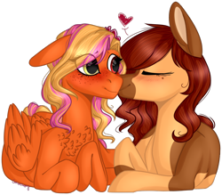 Size: 856x750 | Tagged: safe, artist:sychia, derpibooru import, oc, oc only, oc:firelight, oc:honeypot meadow, earth pony, pegasus, pony, beauty mark, blushing, chest fluff, couple, cute, eyes closed, female, freckles, heart, kissing, lesbian, oc x oc, shipping, signature, simple background, smiling, transparent background