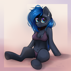 Size: 1000x1000 | Tagged: safe, artist:pechenak, derpibooru import, oc, oc only, oc:acelina, anthro, bat pony, unguligrade anthro, arm hooves, bat pony oc, belly button, bikini, clothes, cute, folded wings, looking at you, piercing, sitting, solo, swimsuit, wings, ych result