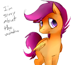 Size: 333x305 | Tagged: dead source, safe, artist:dotkwa, derpibooru import, scootaloo, pegasus, pony, dialogue, solo