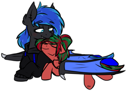 Size: 2556x1838 | Tagged: safe, artist:lrusu, derpibooru import, oc, oc:acelina, oc:feather nib, bat pony, pegasus, pony, bat pony oc, clothes, cute, ear piercing, hoodie, looking at each other, lying down, nuzzling, piercing, prone, smiling, snuggling, spread wings, wings