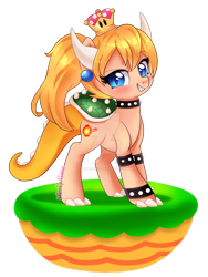 Size: 1024x1365 | Tagged: safe, artist:mimijuliane, derpibooru import, dracony, hybrid, pony, bowsette, dirt cube, female, new super mario bros. u deluxe, obtrusive watermark, ponified, simple background, solo, super crown, transparent background, watermark