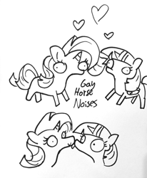 Size: 1280x1552 | Tagged: safe, artist:tjpones, derpibooru import, rarity, twilight sparkle, twilight sparkle (alicorn), alicorn, pony, unicorn, black and white, descriptive noise, female, grayscale, heart, horse noises, lesbian, licking, majestic as fuck, mare, monochrome, rarilight, shipping, simple background, stylistic suck, tongue out