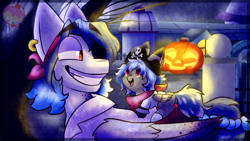 Size: 1920x1080 | Tagged: safe, artist:crazycakesunes, derpibooru import, oc, oc only, oc:calypso orchid, oc:casey bleu, clothes, colt, costume, detailed background, father and child, father and son, foal, gift art, grin, halloween, holiday, jack-o-lantern, male, night, nightmare night, offspring, parent and child, parent:oc:casey bleu, parent:oc:rasta jam, parents:bleujam, parents:oc x oc, pirate, pumpkin, smiling, stallion, ych result