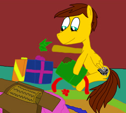 Size: 2718x2430 | Tagged: safe, artist:sb1991, derpibooru import, oc, oc:film reel, pegasus, pony, challenge, christmas, equestria amino, holiday, opening, present, twelve days of christmas