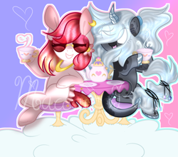 Size: 4068x3582 | Tagged: safe, artist:macaroonburst, derpibooru import, oc, oc only, oc:dee va, oc:winters breath, original species, pony, base used, female, food, mare, obtrusive watermark, tea, watermark