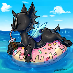 Size: 3900x3900 | Tagged: safe, artist:thatweirdpigeonlady, derpibooru import, oc, oc only, oc:blank slate, changeling, cloud, drink, floaty, inflatable, inflatable toy, inner tube, pool toy, solo, sunglasses, water, ych result