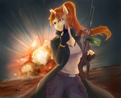 Size: 2476x2000 | Tagged: safe, artist:krosh, derpibooru import, oc, oc only, oc:katya ironstead, anthro, chest fluff, clothes, explosion, fingerless gloves, gloves, pkm, ponytail, solo, uniform