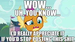 Size: 1280x720 | Tagged: safe, derpibooru import, edit, edited screencap, editor:useraccount, screencap, smolder, dragon, father knows beast, dragoness, female, image macro, meme, reaction image, solo, text