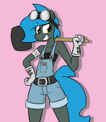 Size: 800x918 | Tagged: safe, artist:whatsapokemon, derpibooru import, oc, oc only, oc:jade shine, anthro, pegasus, anthro oc, bandage, belt, clothes, gloves, goggles, golden eyes, mallet, overall shorts, pink background, simple background, smiling, solo