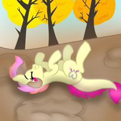 Size: 768x768 | Tagged: safe, artist:spero, derpibooru import, oc, oc:spero, monster pony, original species, pony, tatzlpony, autumn, cute, cutie mark, dawwww, eyes closed, female, forest, monster mare, outdoors, rolling, solo, spero is trying to murder us