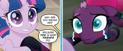 Size: 1642x685 | Tagged: safe, artist:徐詩珮, derpibooru import, edit, edited edit, edited screencap, idw, screencap, tempest shadow, twilight sparkle, twilight sparkle (alicorn), alicorn, pony, unicorn, my little pony: the movie, my little pony: the movie adaptation, spoiler:my little pony movie adaptation, armor, blushing, broken horn, crying, eye scar, female, fixed, heartwarming, hoof shoes, horn, lesbian, mare, redemption, scar, shipping, tempestlight