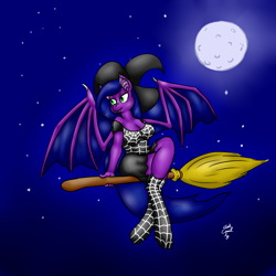 Size: 1200x1200 | Tagged: safe, artist:short circuit, derpibooru import, oc, oc only, oc:violet, anthro, bat pony, changeling, broom, clothes, flying, flying broomstick, halloween, hat, holiday, moon, socks, solo, stars, witch, witch hat