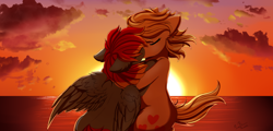 Size: 3150x1509 | Tagged: safe, artist:pridark, derpibooru import, oc, oc only, oc:arian blaze, oc:vital sparkle, earth pony, pegasus, pony, cloud, commission, female, holding, kissing, lesbian, scenery, sun, sunset