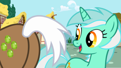 Size: 800x451 | Tagged: safe, derpibooru import, lyra heartstrings, mochaccino, rare find, pony, unicorn, cloud, eyes on the prize, female, house, looking at something, male, mare, open mouth, plot, ponyville, smiling, stallion