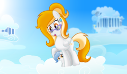 Size: 2500x1458 | Tagged: safe, artist:rainbownspeedash, derpibooru import, oc, oc:rita cloudy, oc:vector cloud, pegasus, pony, baby, baby pony, cloud, cloudsdale, cute, ear piercing, earring, female, glasses, jewelry, mother and child, mother and daughter, parent and child, piercing, show accurate, vector