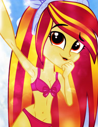 Size: 3000x3912 | Tagged: safe, artist:galacticflashd, derpibooru import, oc, oc:styler selvano, equestria girls, armpits, belly button, bikini, clothes, female, hand on chin, headband, looking at you, open mouth, selfie, skinny, smiling, solo, swimsuit