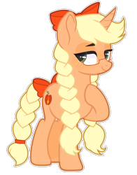 Size: 1728x2208 | Tagged: safe, artist:m-00nlight, derpibooru import, oc, pony, unicorn, bow, braid, braided tail, female, freckles, glasses, hair bow, mare, not applejack, simple background, solo, tail bow, transparent background, twin braids