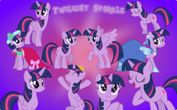 Size: 5000x3090 | Tagged: safe, artist:pilot231, derpibooru import, twilight sparkle, twilight sparkle (alicorn), unicorn twilight, alicorn, pony, unicorn, adorkable, cannon, cheering, clothes, collection, crown, cute, dork, dress, gala dress, gradient background, happy, jewelry, multeity, regalia, royal wedding, singing, sparkle sparkle sparkle, spread wings, starry eyes, twiabetes, wingding eyes