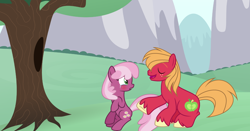 Size: 3224x1688 | Tagged: safe, artist:roseloverofpastels, derpibooru import, big macintosh, cheerilee, pony, cheerimac, female, male, shipping, straight, tree