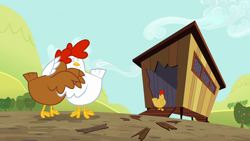 Size: 1280x720 | Tagged: safe, derpibooru import, screencap, bird, chicken, brotherhooves social, animal, chicken coop, comforting, crying, hug