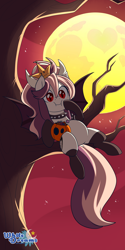 Size: 2000x4000 | Tagged: safe, artist:xwhitedreamsx, derpibooru import, oc, oc only, oc:sweet velvet, bat pony, against tree, bat pony oc, bowsette, female, full moon, halloween, holiday, moon, night, nintendo, red eyes, solo, stars, super mario bros.