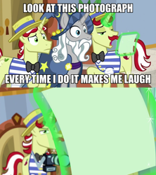 Size: 960x1080 | Tagged: safe, derpibooru import, edit, edited screencap, screencap, flam, flim, star swirl the bearded, pony, unicorn, friendship university, camera, caption, exploitable meme, flim flam brothers, glowing horn, image macro, levitation, look at this photograph, magic, meme, nickelback, photo, song reference, telekinesis, template, text