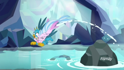 Size: 1920x1080 | Tagged: safe, derpibooru import, screencap, gallus, silverstream, griffon, seapony (g4), what lies beneath, cave, discovery family logo, duo, eyes closed, female, glomp, leaping, male, nightmare cave, pond, shipping fuel, water