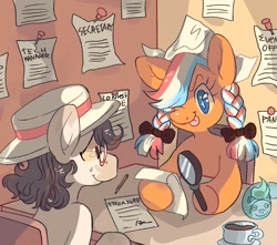 Size: 1094x966 | Tagged: artist needed, safe, derpibooru import, oc, oc only, oc:ember, oc:ember (hwcon), earth pony, pony, cup, duo, dutch cap, female, glasses, hat, hearth's warming con, hoof hold, magnifying glass, male, mare, mascot, netherlands, one eye closed, stallion, tongue out, underhoof, unnamed oc