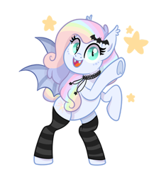 Size: 1024x1096 | Tagged: safe, artist:ashidaii, derpibooru import, oc, oc:spectral prism, bat pony, pony, bat pony oc, choker, clothes, female, mare, rainbow hair, rearing, simple background, slit eyes, socks, solo, striped socks, transparent background, underhoof