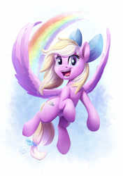 Size: 900x1279 | Tagged: safe, artist:tsitra360, derpibooru import, oc, oc only, oc:bay breeze, pegasus, pony, bow, commission, female, flying, hair bow, mare, rainbow, smiling, solo