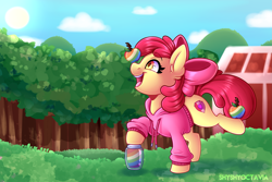 Size: 3543x2362 | Tagged: safe, artist:shyshyoctavia, derpibooru import, apple bloom, earth pony, pony, adorabloom, apple, balancing, barn, clothes, cute, digital art, female, filly, food, grass, happy, high res, jam, open mouth, ponies balancing stuff on their nose, profile, scenery, signature, smiling, solo, sweater, zap apple, zap apple jam