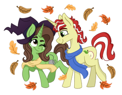 Size: 900x697 | Tagged: safe, artist:pink-pone, derpibooru import, flim, oc, pony, unicorn, canon x oc, clothes, female, hat, leaf, leaves, male, mare, scarf, simple background, straight, transparent background, witch hat