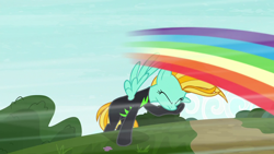 Size: 1280x720 | Tagged: safe, derpibooru import, screencap, lightning dust, pegasus, pony, the washouts (episode), clothes, eyes closed, female, implied rainbow dash, mare, rainbow trail, solo, speed trail, uniform, washouts uniform