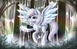 Size: 1024x652 | Tagged: safe, artist:hoodiefoxy, derpibooru import, oc, oc only, oc:diamond wing, pegasus, pony, digital art, female, flying, mare, scenery, signature, solo, spread wings, water, waterfall, wings