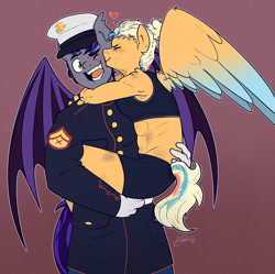 Size: 895x893 | Tagged: safe, artist:nolycs, derpibooru import, oc, oc:biohazard skies, oc:cloud burst, anthro, bat pony, pegasus, blushing, bruised, clothes, dress blues, female, hug, kiss on the cheek, kissing, leg wrapping, male, marine, mma, oc x oc, parent:applejack, parent:grey mouse, parent:rainbow blitz, parents:appleblitz (straight), shipping, sports bra, straight