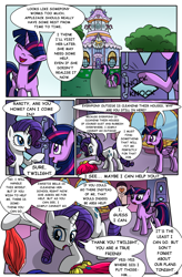 Size: 724x1102 | Tagged: safe, artist:metal-jacket444, derpibooru import, rarity, twilight sparkle, twilight sparkle (alicorn), alicorn, pony, unicorn, comic:curse and madness, carousel boutique, clothes, comic, day, dialogue, dress, female, mare, mlpcam, onomatopoeia, sky, text, text bubbles, tree