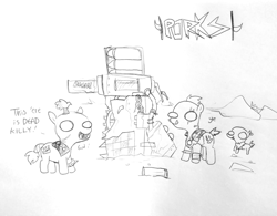 Size: 1280x997 | Tagged: safe, artist:tjpones, derpibooru import, pony, armor, dialogue, ear piercing, earring, eye scar, jewelry, lineart, monochrome, ork, piercing, ponified, scar, simple background, spiked wristband, traditional art, turret, warhammer (game), warhammer 40k, wristband