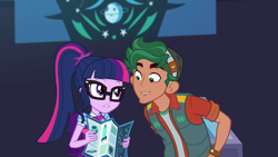 Size: 1280x720 | Tagged: safe, derpibooru import, screencap, sci-twi, timber spruce, twilight sparkle, better together, equestria girls, star crossed, clothes, female, geode of telekinesis, glasses, magical geodes, male, ponytail, smiling, vest