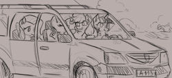 Size: 1077x488 | Tagged: artist needed, safe, derpibooru import, applejack, fluttershy, rarity, twilight sparkle, earth pony, pegasus, pony, unicorn, car, dacia, drawthread, driving, sketch