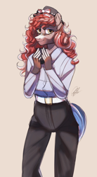Size: 1800x3250 | Tagged: safe, artist:orfartina, derpibooru import, oc, oc only, oc:pepper lark, anthro, anthro oc, bandage, belt, bow, clothes, coffee, commission, digital art, eyeshadow, female, hair bow, hat, high res, jeans, looking at you, makeup, mare, mascara, pants, shirt, smiling, solo, ych result