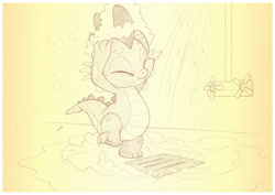 Size: 1042x737 | Tagged: safe, artist:sherwoodwhisper, derpibooru import, spike, dragon, baby, baby dragon, bathing, bubble, claws, cute, drain, eyes closed, fangs, knob, male, shower, signature, simple background, smiling, soap, solo, spikabetes, suds, water