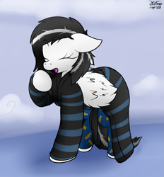 Size: 1079x1162 | Tagged: safe, artist:the-furry-railfan, derpibooru import, oc, oc only, oc:blitzy, bed mane, clothes, cloud house, helium tank, lazy, morning, pajamas, robe, wings, yawn